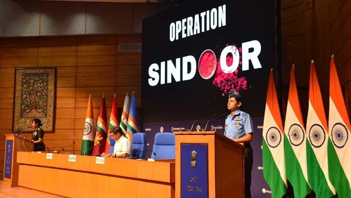 Col Sofiya Qureshi, Wing Commander Vyomika Singh & Foreign Secy Vikram Misri during media breifing in New Delhi, Wednesday | Praveen Jain | ThePrint