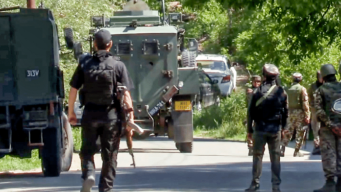 Security personnel undertake a cordon and search operation after getting specific input about the presence of terrorists, at Tral area of Awantipora, in Pulwama district of Jammu and Kashmir, Thursday, 15 May 2025. | PTI