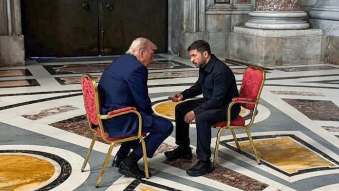 Ukraine President Volodymyr Zelenskyy tweeted this picture of his meeting with US President Donald Trump on the sidelines of Pope Francis's funeral, at St. Peter's Basilica in Vatican City | ANI