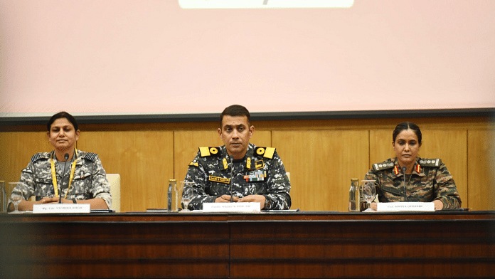 Wing Commander Vyomika Singh, Navy Commodore Raghunath Nair and Colonel Sofiya Qureshi at a special briefing in New Delhi Saturday. | ThePrint Photos