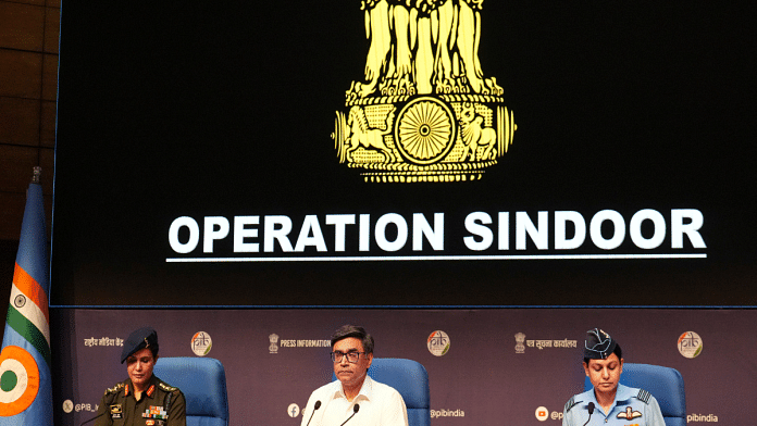Foreign Secretary Vikram Misri with Army's Colonel Sofiya Qureshi and IAF Wing Commander Vyomika Singh during a press conference regarding 'Operation Sindoor', in New Delhi, Wednesday | PTI