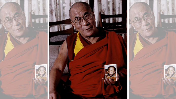 Tibetan spiritual leader the Dalai Lama with a picture of Panchen Lama | X/@CTA_TibetdotNet