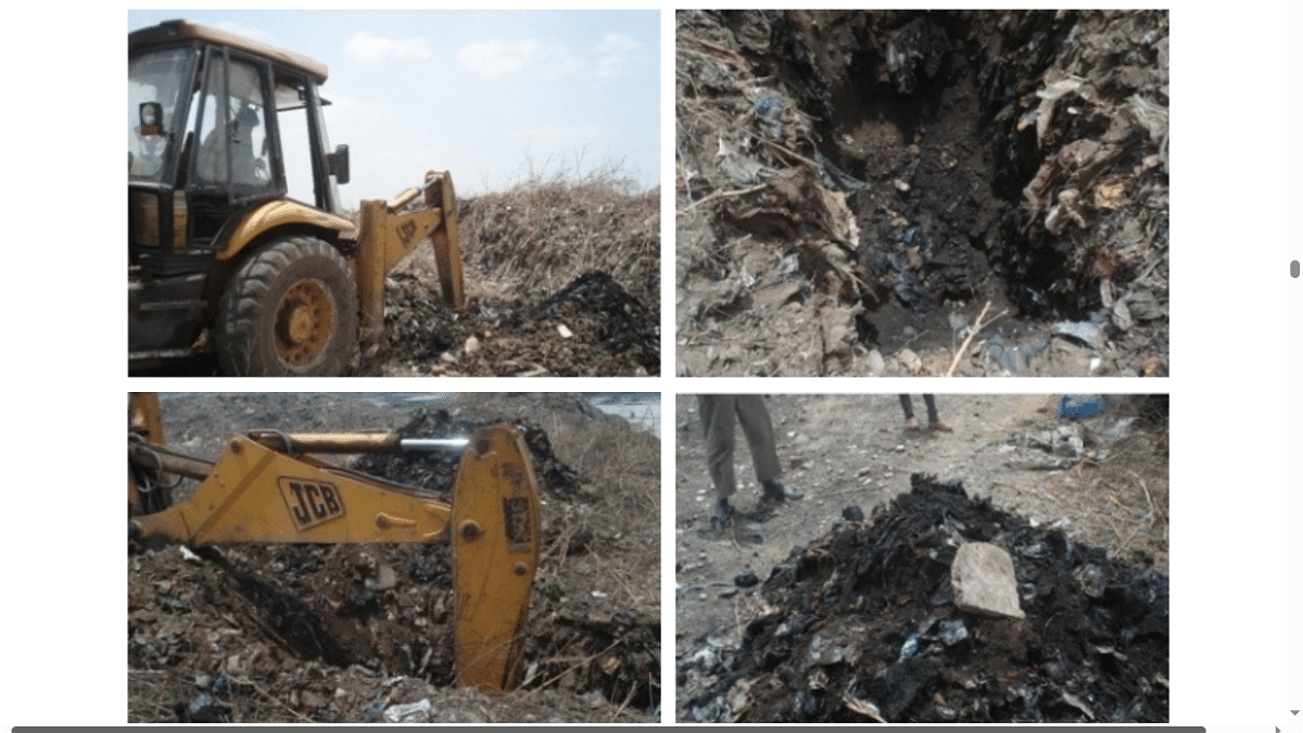 Specific samples of heritage waste. Left (top and bottom): Front-lodar is used for samples collection from dumpsite. Right (up and down): heritage waste sample pit. , Source: CSE/ SBM Toolkit for Heritage Waste Management