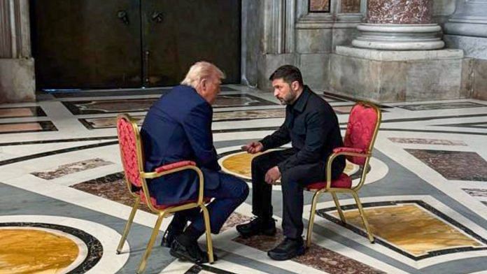 Ukraine’s President Volodymyr Zelenskyy (right) having a one-on-one meeting with US President Donald Trump in Vatican City Saturday | X/@ZelenskyyUa