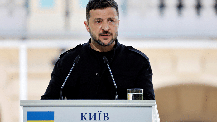 Ukrainian President Voloydmyr Zelensky speaks during a press conference in the grounds of the Mariinskyi Palace in Kyiv, Ukraine, on 10 May 2025. | Ludovic Marin | Pool via Reuters