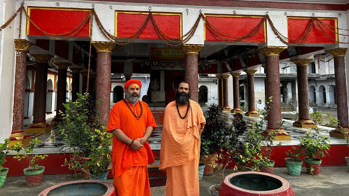 Swami Vivekanand accompanied by another swami, poses in front of the temple within the Hindu Bodh Math | Jyoti Yadav, ThePrint
