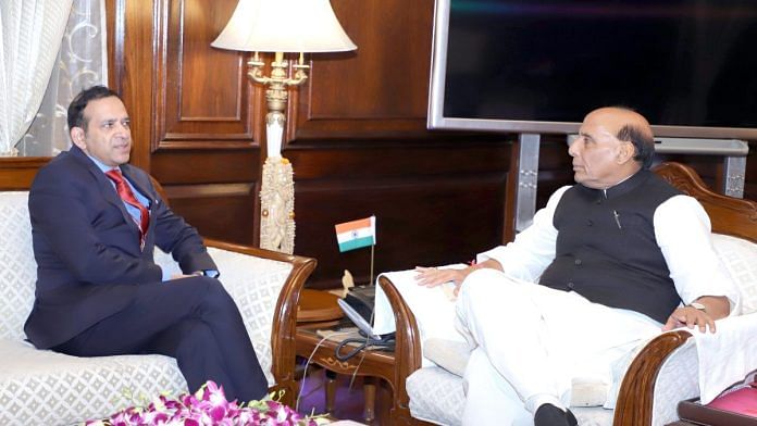 Ajay Bisaria with Union Minister Rajnath Singh on 20 February 2019 | ANI