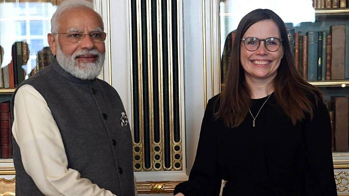 File photo of Prime Minister Narendra Modi with Katrín Jakobsdóttir on the sidelines of the 2nd India Nordic Summit in Copenhagen in 2022 | Photo: ANI