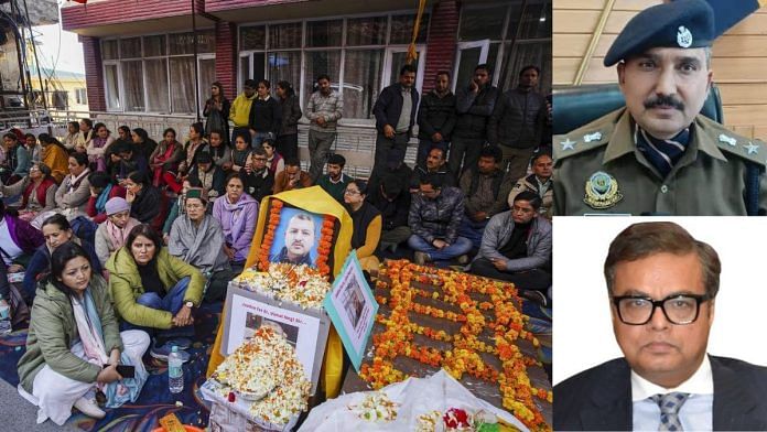 Clockwise from left: Vimal Negi’s wife, family members during protest outside HPPCL office in Shimla in March; Shimla SP Sanjeev Gandhi and DGP Atul Verma | By special arrangement
