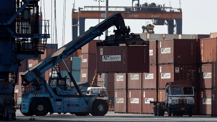 A mobile crane carries a container at Deendayal Port in Kandla, in the western state of Gujarat, India, April 5, 2025 | File photo | Reuters