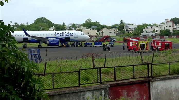 An IndiGo flight 6E 2706 from Muscat - Kochi - Delhi makes an emergency landing after a bomb threat was received, at Nagpur airport in Nagpur on Tuesday | ANI