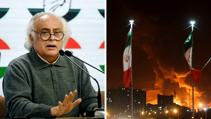 Congress MP Jairam Ramesh (L) and Israeli strikes in Tehran (R) | ANI and Reuters