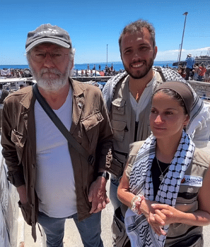 Liam Cunningham, Brazilian activist Thiago Ávila and German humanitarian worker Yasemin Acar  | X/@AndrewDFish 