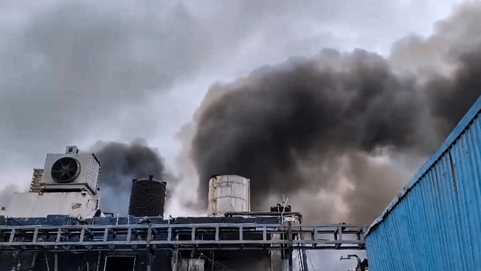 Smoke rises after a fire broke out following a reactor explosion at Sigachi Chemical Industry in Pashamailaram, resulting in the death of at least 10 people, in Medak district, Telangana, on 30 June 2025. | PTI