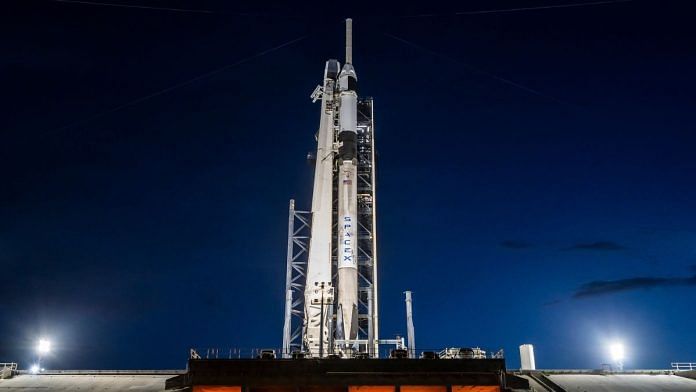 The Falcon 9 rocket carrying the Ax-4 Mission to the ISS on the dockpad. | SpaceX/ X