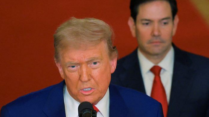 US President Donald Trump addressing the nation, accompanied by Secy of State Marco Rubio, at White House on 21 June, 2025 | Reuters/Carlos Barria