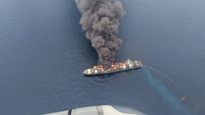 Photo released by Indian Coast Guard showing Singapore-flagged container vessel MV Wan Hai 503 | X@IndiaCoastGuard
