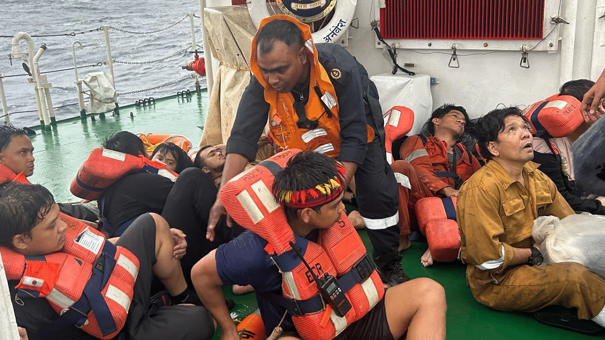 File photo of rescued crew members of Liberian-flagged container vessel MSC ELSA 3 that sank off the coast of Kochi on 25 May | X/@SpokespersonMoD 