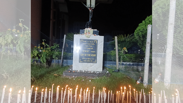 Candles lit near the bust, 'Cry of the Hour', after protesters were allowed entry inside RG Kar campus on 9 June | Priyadarshini Basu | ThePrint
