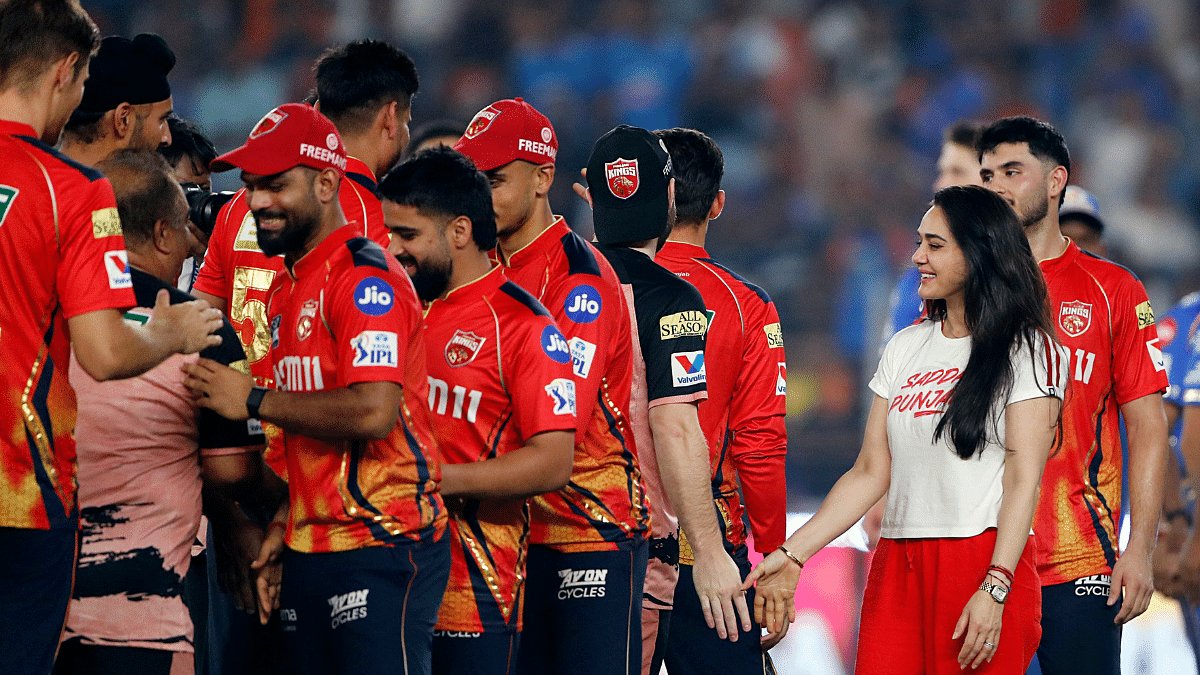 Punjab Kings' co-owner Preity Zinta congratulates team members after victory against Mumbai Indians in the Qualifier 2 match. | ANI