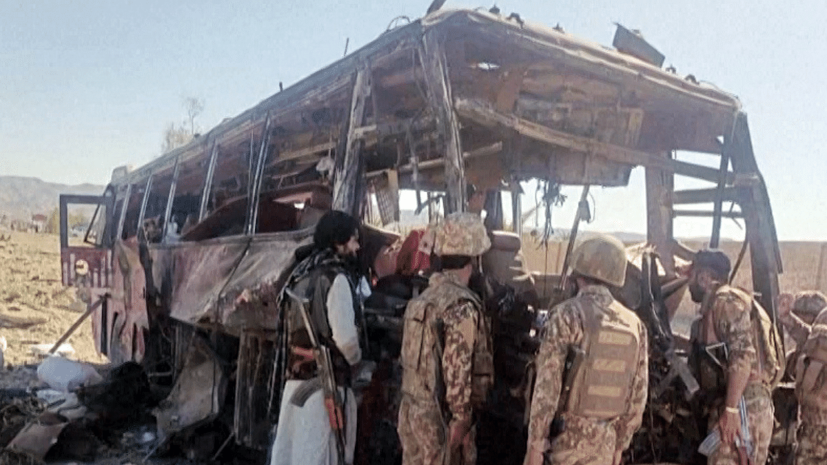 Remains of a bus attacked by Baloch separatists in Noshki in March | Reuters/ANI