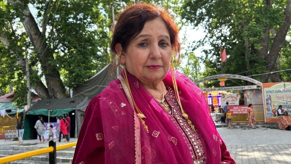 A Kashmiri Pandit woman with long dejhor at Kheer Bhawani temple in Ganderbal. | Anisha Nehra | ThePrint
