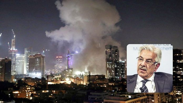 Smoke billows following a missile attack from Iran, in Tel Aviv, Saturday, & Pakistan’s Defence Minister Khawaja Asif. | Reuters/ ANI & Commons