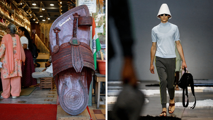 A store in New Delhi selling Kohlapuris (L) & a model walking the Prada fashion show in Milan showcasing the new sandals (R). | Reuters