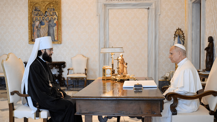 Pope Leo interacts with Metropolitan Antonij of Volokolamsk, at the Vatican July 26, 2025 | Reuters