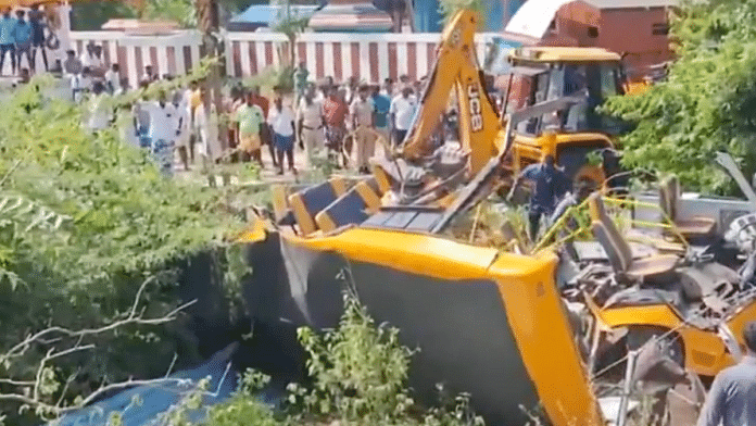 Debris near the Sembankuppam railway crossing after a school bus crossing the tracks was hit by a train this morning. | Screengrab | ANI