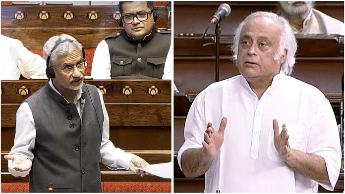 EAM S Jaishankar speaking at the monsoon session of the Parliament (left) and File photo of Jairam Ramesh (right) | PTI/ANI