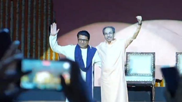 Raj Thackeray (L) and Uddhav Thackeray at joint rally in Mumbai on 5 July, 2025 | X @ShivSenaUBT_