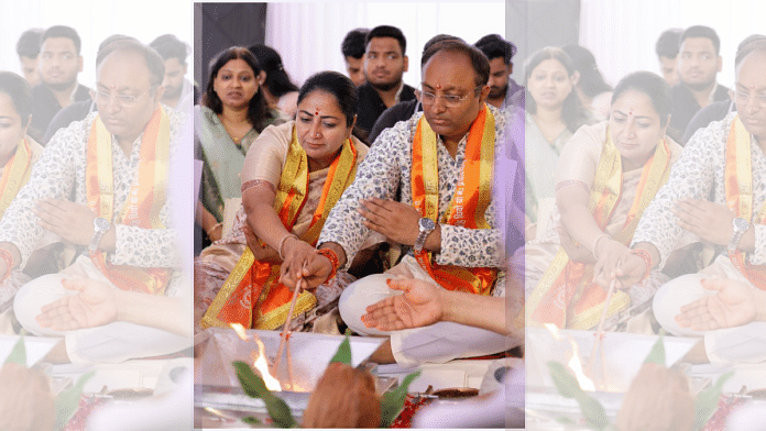 Delhi Chief Minister Rekha Gupta along with her husband Manish Gupta during the inauguration of new camp office, Jan Seva Sadan at Civil Lines in New Delhi on Friday. | Delhi CM's X account