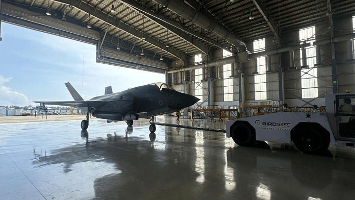 The UK's F35B aircraft inside a designated MRO hangar in Thiruvananthapuram airport | X/@UKDefenceIndia