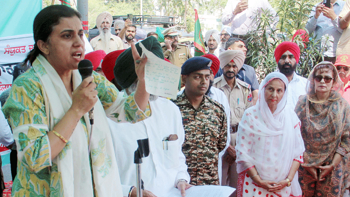 File photo of Colonel Pushpinder Bath's wife Jaswinder Kaur Bath addressing a protest gathering outside the DC office in Patiala | ANI