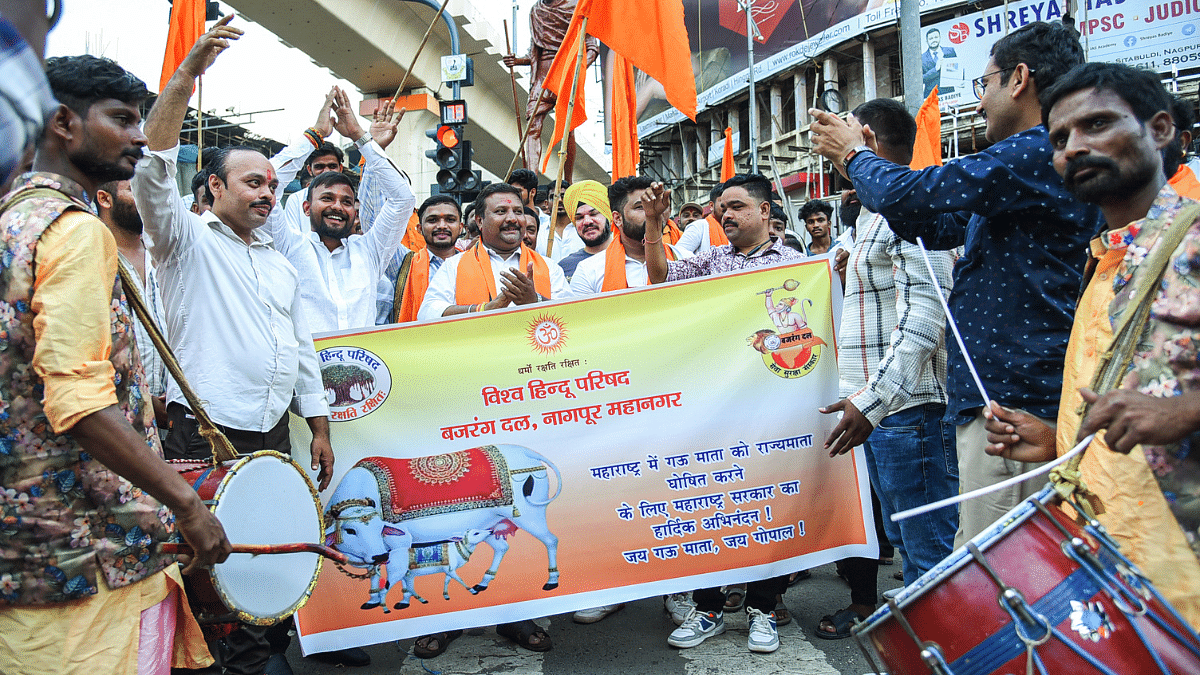 Vishva Hindu Parishad and Bajrang Dal workers celebrate in Nagpur as Maharashtra govt declares cows 'Rajyamata-Gomata' in October 2024 | ANI file 