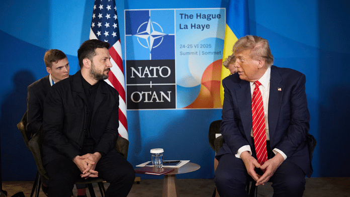 U.S. President Donald Trump and Ukraine's President Volodymyr Zelenskyy attend a meeting on the sidelines of NATO summit in The Hague, Netherlands on 25 June 2025. | Ukrainian Presidential Press Service | Handout via Reuters