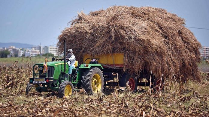A farmer drives a tractor loaded with paddy straw in Andhra Pradesh | Photo: ANI