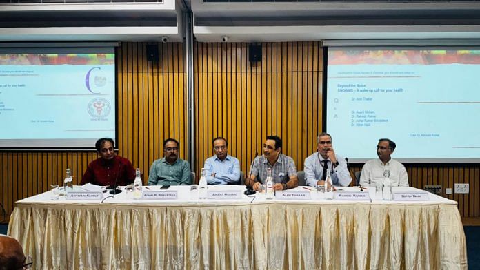 Left to Right: Dr Ashwini Kumar, Dr Achal K. Srivastava, Dr Anant Mohan, Dr Alok Thakar, Dr Rakesh Kumar and Dr Nitish Naik at a panel discussion on Beyond the noise: Snoring—A wake up call for your health at India International Centre, New Delhi. | Upasana Adhikari | ThePrint