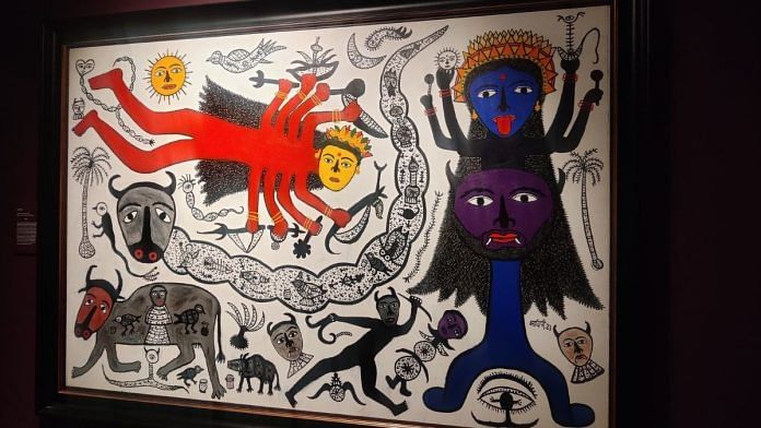 Goddess (2023) depicts Durga and Kali, blending divine archetypes with personal vision, weaving myth and imagination. | Sakshi Mehra | ThePrint