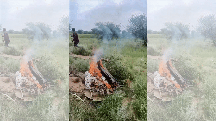 Smoke billows out after IAF's Jaguar fighter jet crashed near Churu in Rajasthan, on 9 July 2025. | PTI