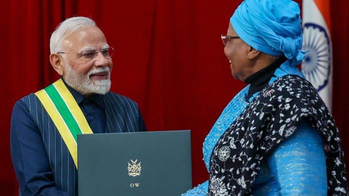 PM Modi receiving the 'Order of the Most Ancient Welwitschia Mirabilis' from Namibian President Netumbo Nandi-Ndaitwah Wednesday | X: @PMOIndia