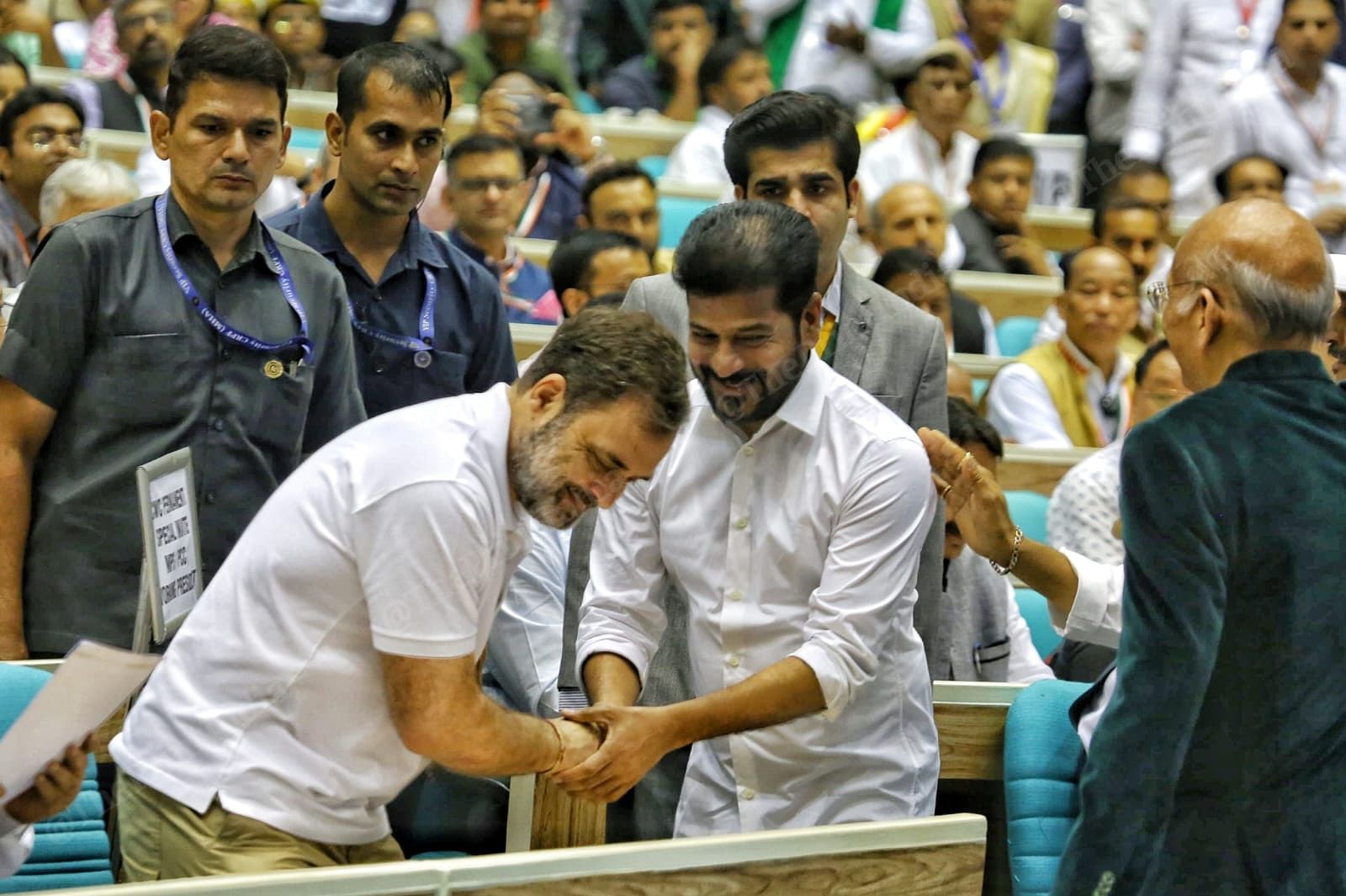 Rahul Gandhi shakes hand with Telangana CM Revantha Reddy at a Congress conclave on constitutional challenges in Delhi’s Vigyan Bhawan | Praveen Jain | ThePrint