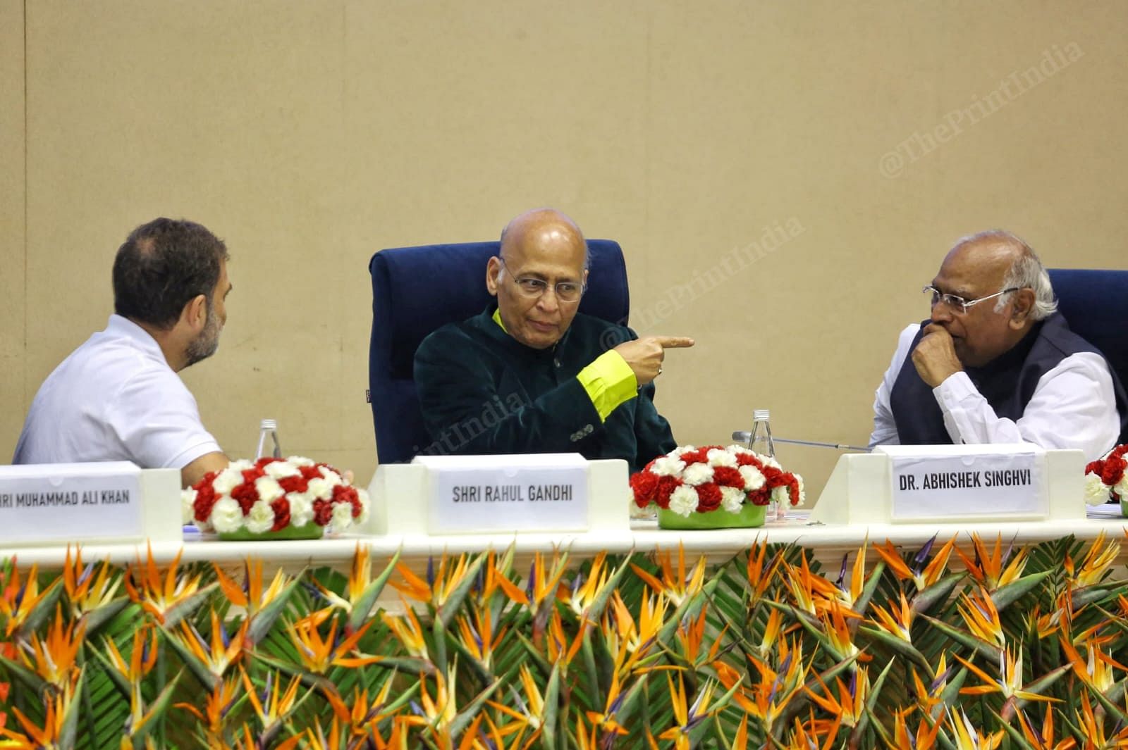 Rahul Gandhi, Abhishek Manu Singhvi wih Mallikarjun Kharge a Congress conclave on constitutional challenges in Delhi’s Vigyan Bhavan | Praveen Jain | ThePrint