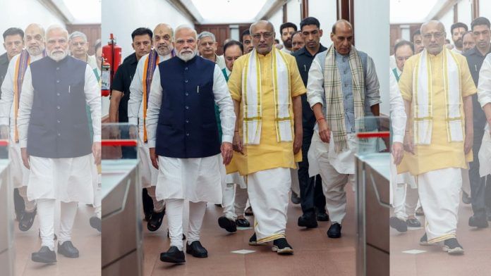 NDA candidate for Vice-President's post CP Radhakrishnan with Prime Minister Narendra Modi, Union Ministers Amit Shah, Rajnath Singh, JP Nadda, Nitin Gadkari and others at Parliament House, in New Delhi | Narendra Modi Photo Gallery/ANI Photo
