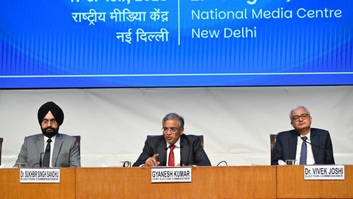 Chief Election Commissioner Gyanesh Kumar with Election Commissioners Dr Sukhbir Singh Sandhu and Dr Vivek Joshi, at the National Media Centre in New Delhi on Sunday | Suraj Singh Bisht | ThePrint