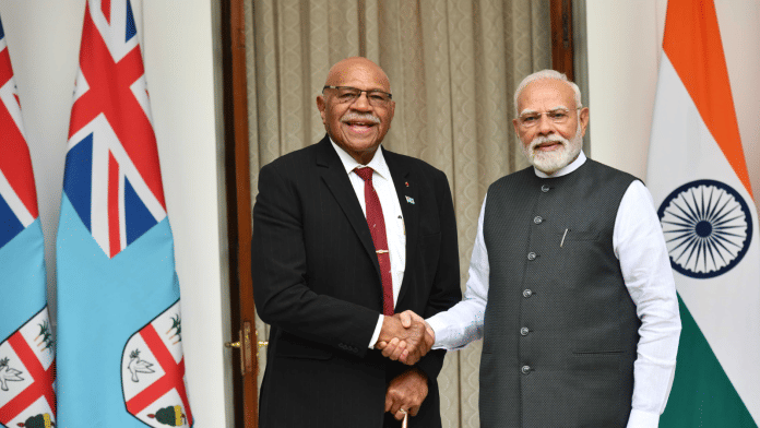 Fiji PM Sitiveni Rabuka with Prime Minister Narendra Modi at the Hyderabad House in New Delhi on Monday | ThePrint