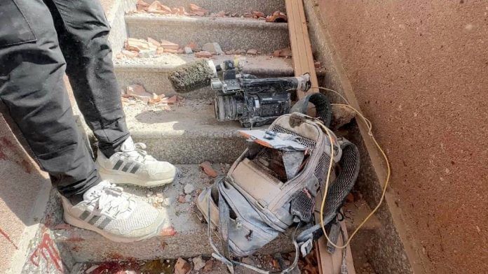 Equipment used by cameraman Hussam al-Masri, who was a contractor for Reuters, at the site where he was killed, along with other journalists and people in Israeli strikes on Nasser hospital in Khan Younis, Gaza, Monday | Photo: Reuters