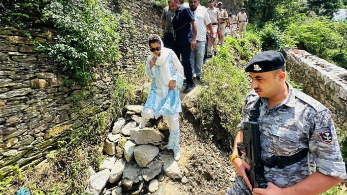 BJP MP Kangana Ranaut visiting disaster-affected area at Pangliyur village in Mandi on 7 July, 2025 | ANI