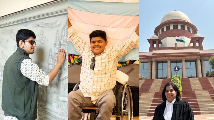 Ishan Chakroborty, a 34-year-old blind professor, Kiran Nayak, a 39-year-old Adivasi trans man with polio who has an organisation called Society for Transmen Action and Rights (STAR), and visually-impaired lawyer Anchal Bhatheja | Khadija Khan | ThePrint